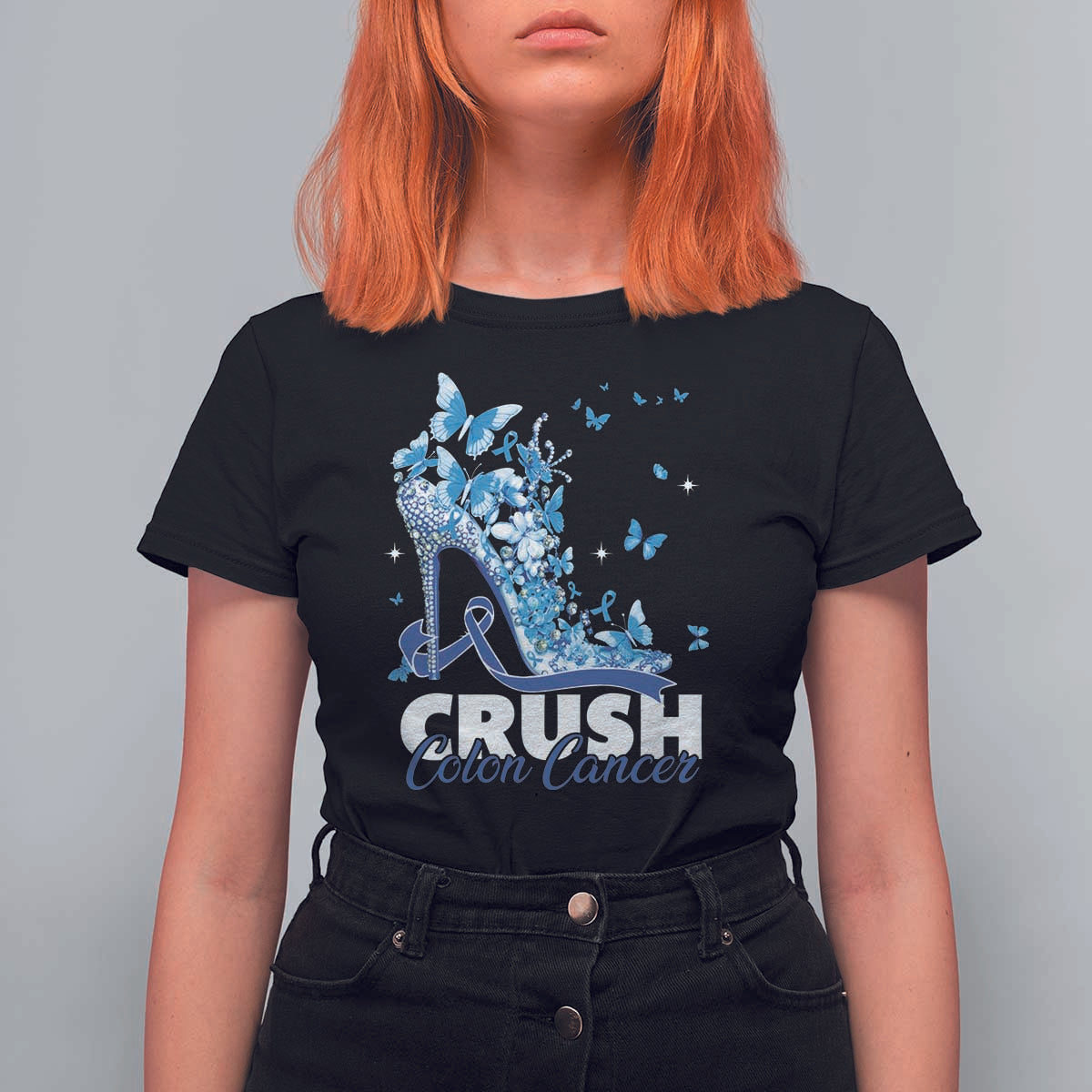 Crush Colon Cancer T Shirt For Women Colorectal Cancer Awareness Bling Blue Ribbon High Heel