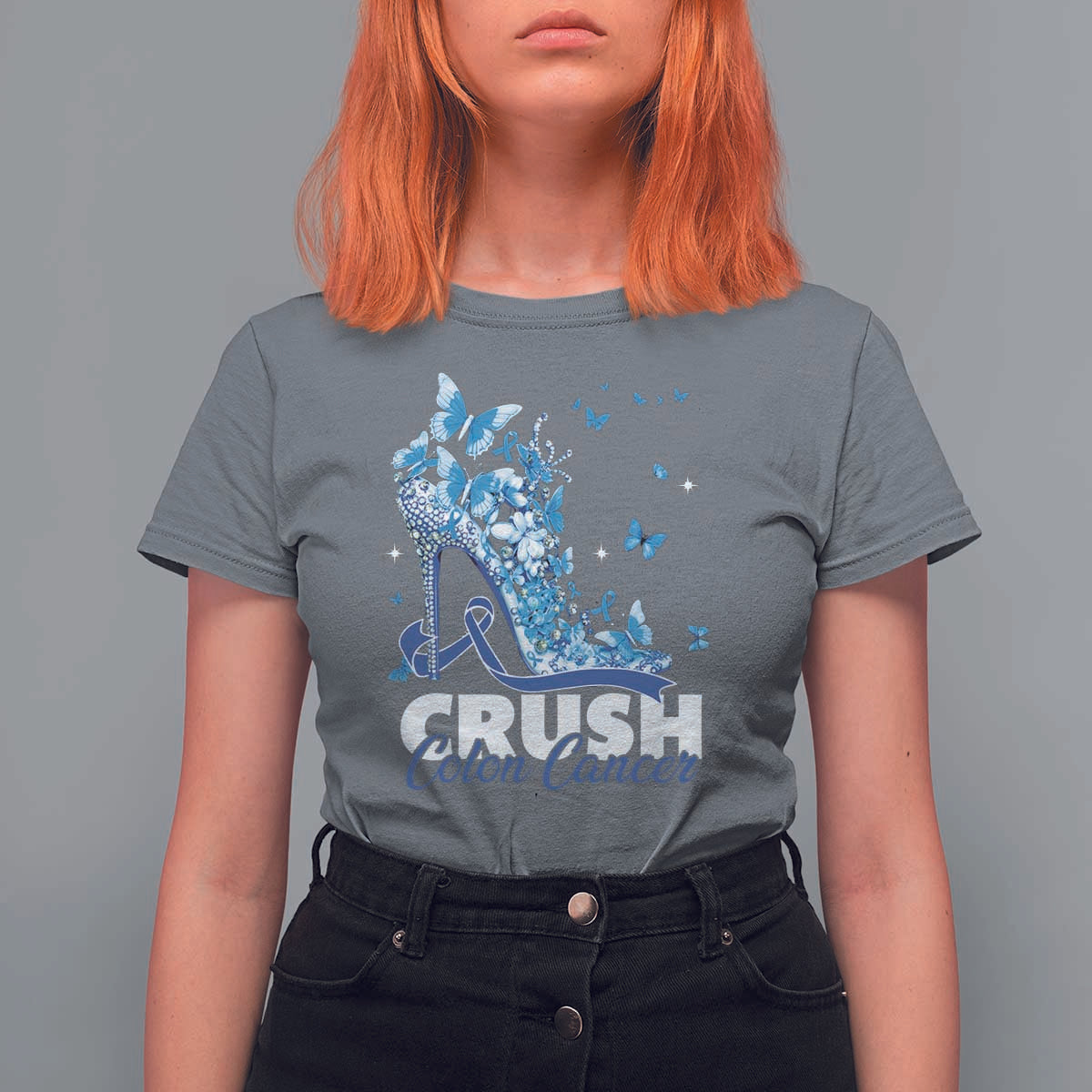 Crush Colon Cancer T Shirt For Women Colorectal Cancer Awareness Bling Blue Ribbon High Heel