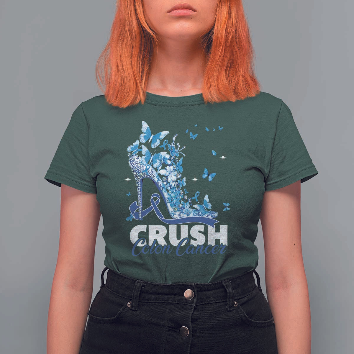 Crush Colon Cancer T Shirt For Women Colorectal Cancer Awareness Bling Blue Ribbon High Heel