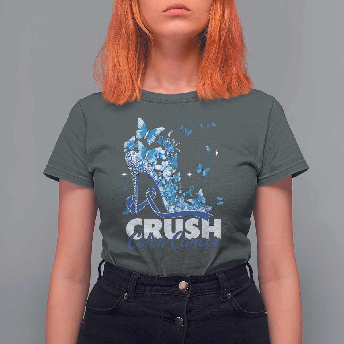 Crush Colon Cancer T Shirt For Women Colorectal Cancer Awareness Bling Blue Ribbon High Heel
