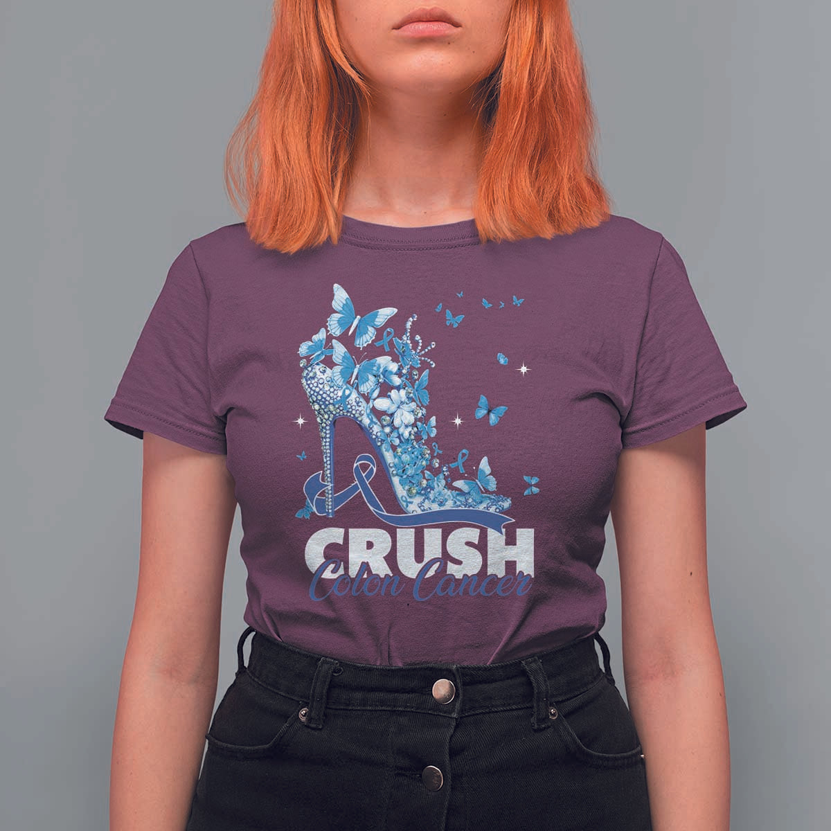 Crush Colon Cancer T Shirt For Women Colorectal Cancer Awareness Bling Blue Ribbon High Heel