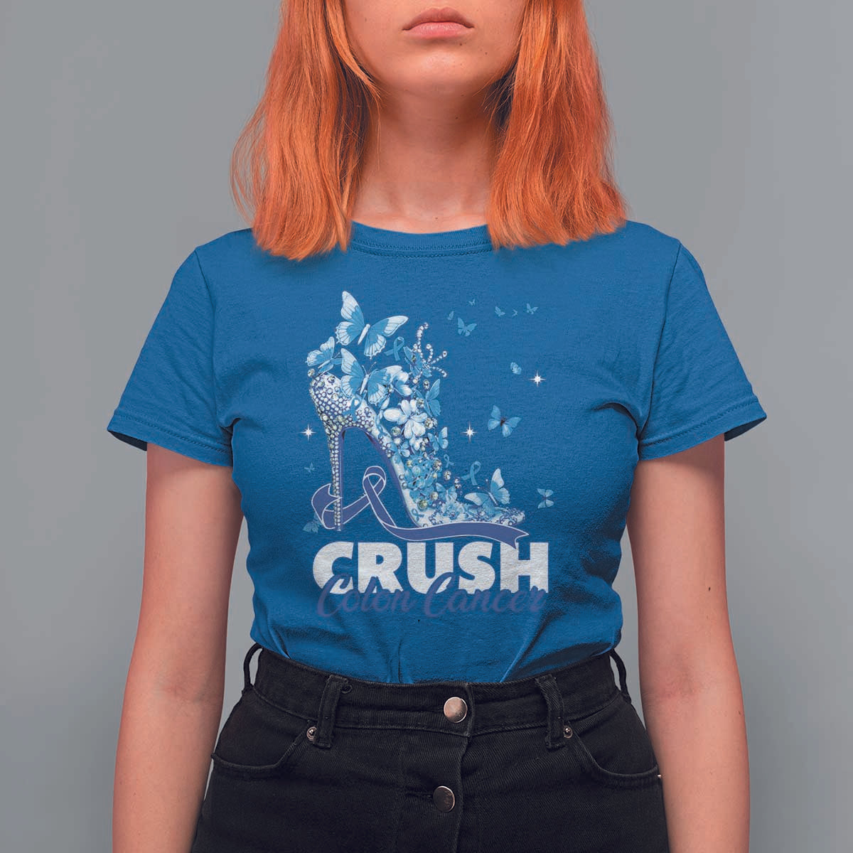 Crush Colon Cancer T Shirt For Women Colorectal Cancer Awareness Bling Blue Ribbon High Heel