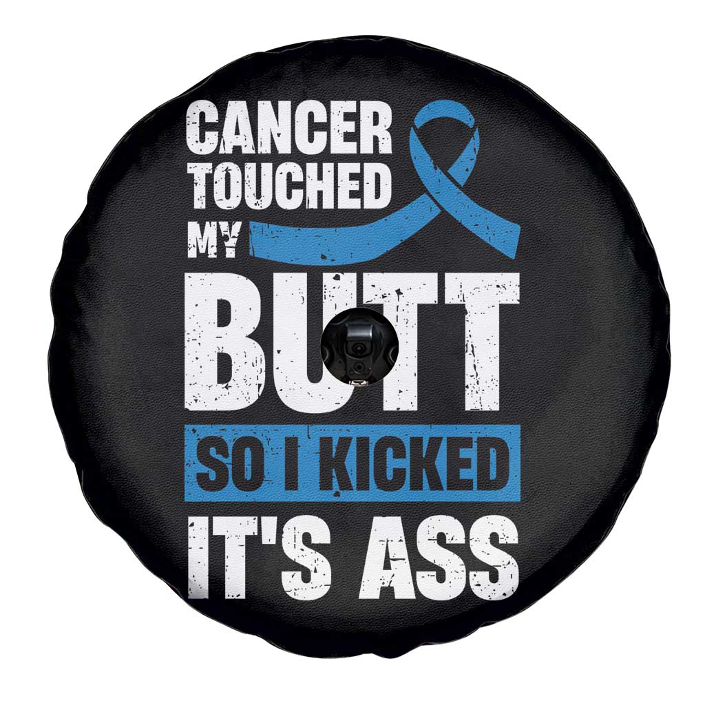 Colon Cancer Awareness Spare Tire Cover Cancer Touched My Butt So I Kicked It's Ass Dark Blue Ribbon