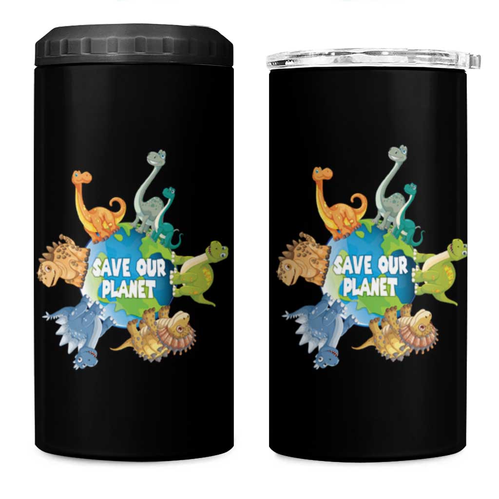 Earth Day Save Our Planet 4 in 1 Can Cooler Tumbler Cute Dinosaurs Around World