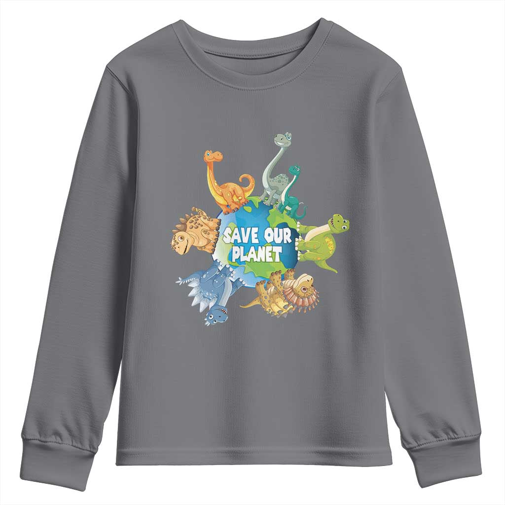 Earth Day Save Our Planet Youth Sweatshirt Cute Dinosaurs Around World