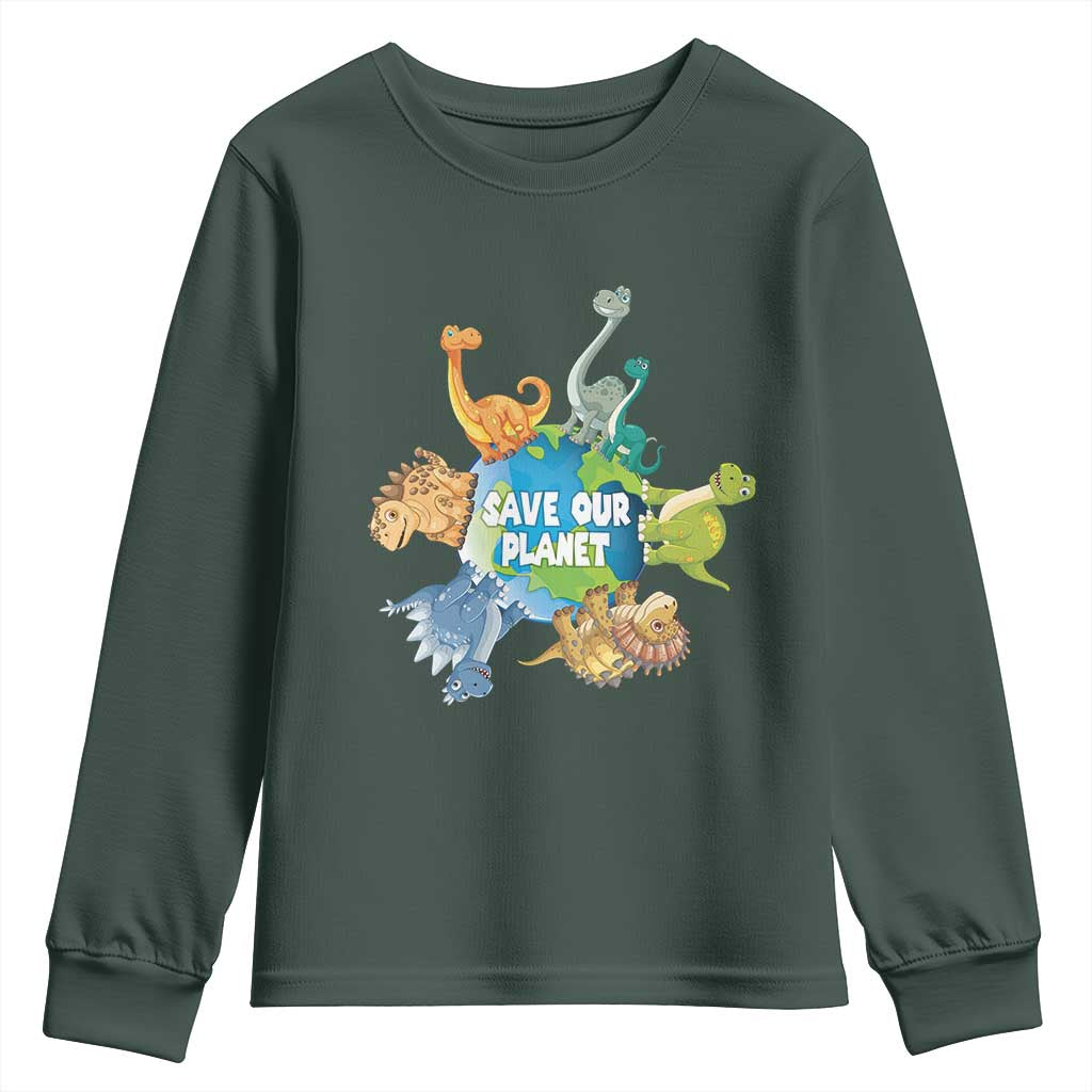 Earth Day Save Our Planet Youth Sweatshirt Cute Dinosaurs Around World