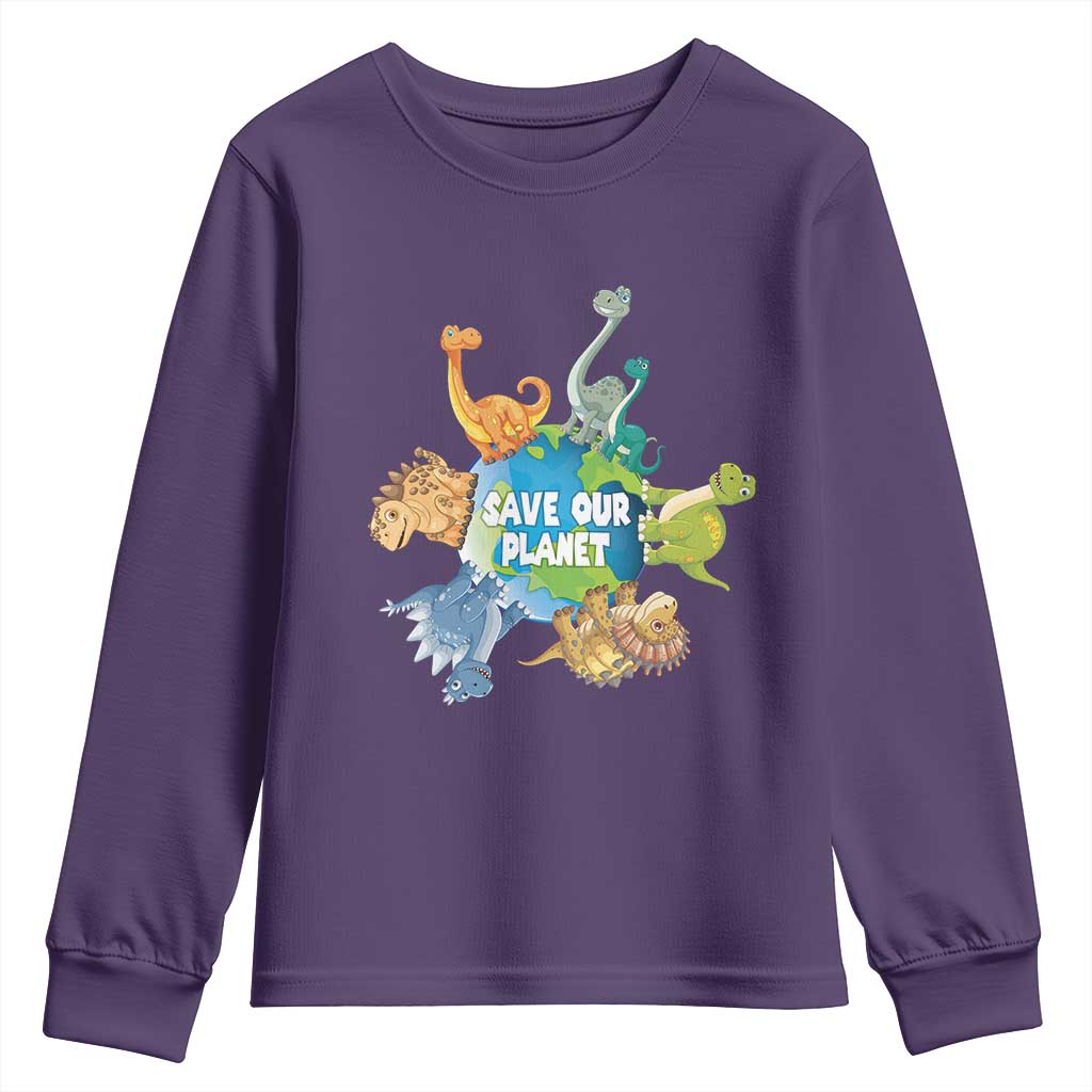 Earth Day Save Our Planet Youth Sweatshirt Cute Dinosaurs Around World