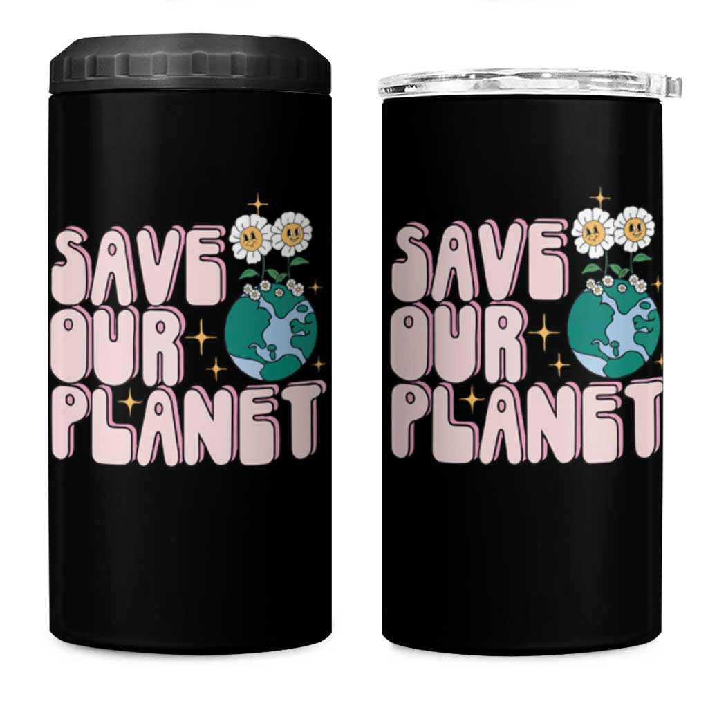 Earth Day Save Our Planet 4 in 1 Can Cooler Tumbler Cute Retro Groove Flower