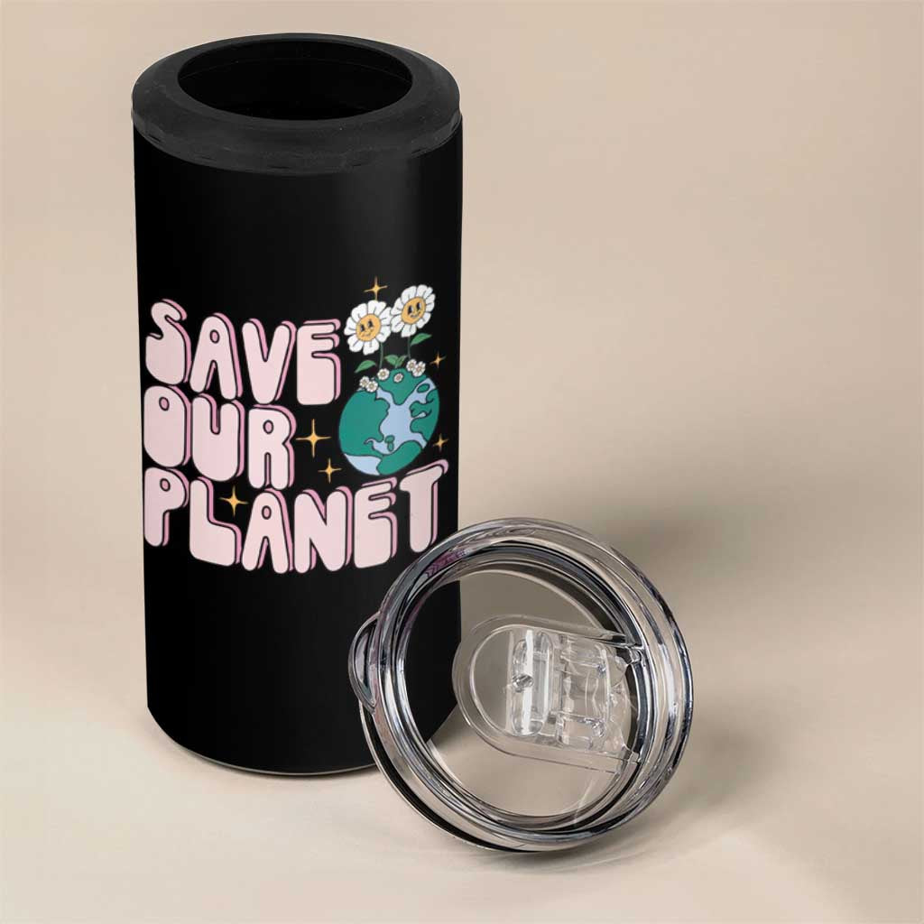 Earth Day Save Our Planet 4 in 1 Can Cooler Tumbler Cute Retro Groove Flower