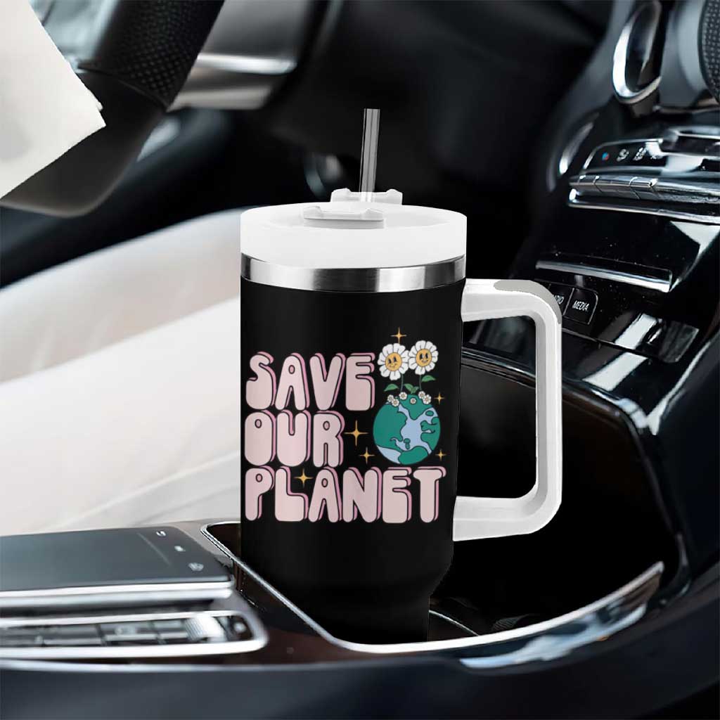 Earth Day Save Our Planet Tumbler With Handle Cute Retro Groove Flower