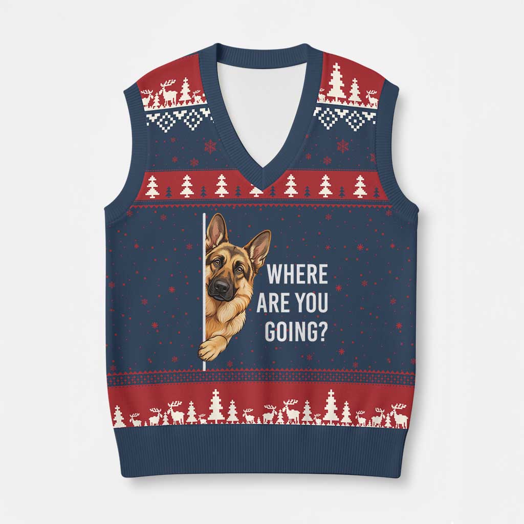 Where are You Going Funny German Shepherd Dog V-Neck Knit Sweater Vest