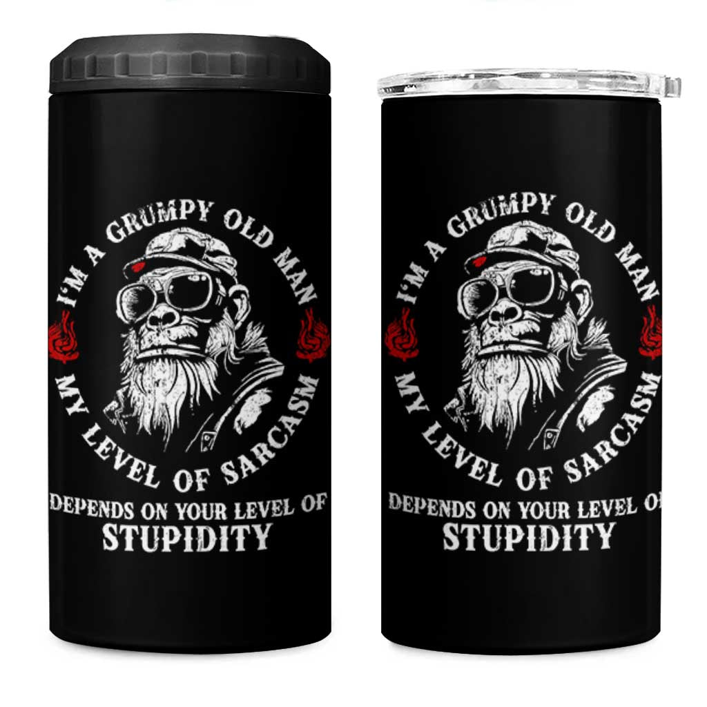 I Am A Grumpy Old Man My Level Of Sarcasm Depends On Your Level Of Stupidity 4 in 1 Can Cooler Tumbler Funny Old Bigfoot
