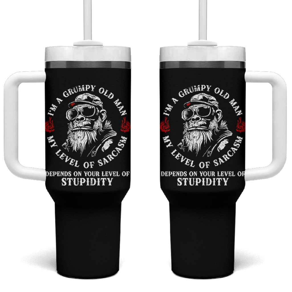 I Am A Grumpy Old Man My Level Of Sarcasm Depends On Your Level Of Stupidity Tumbler With Handle Funny Old Bigfoot