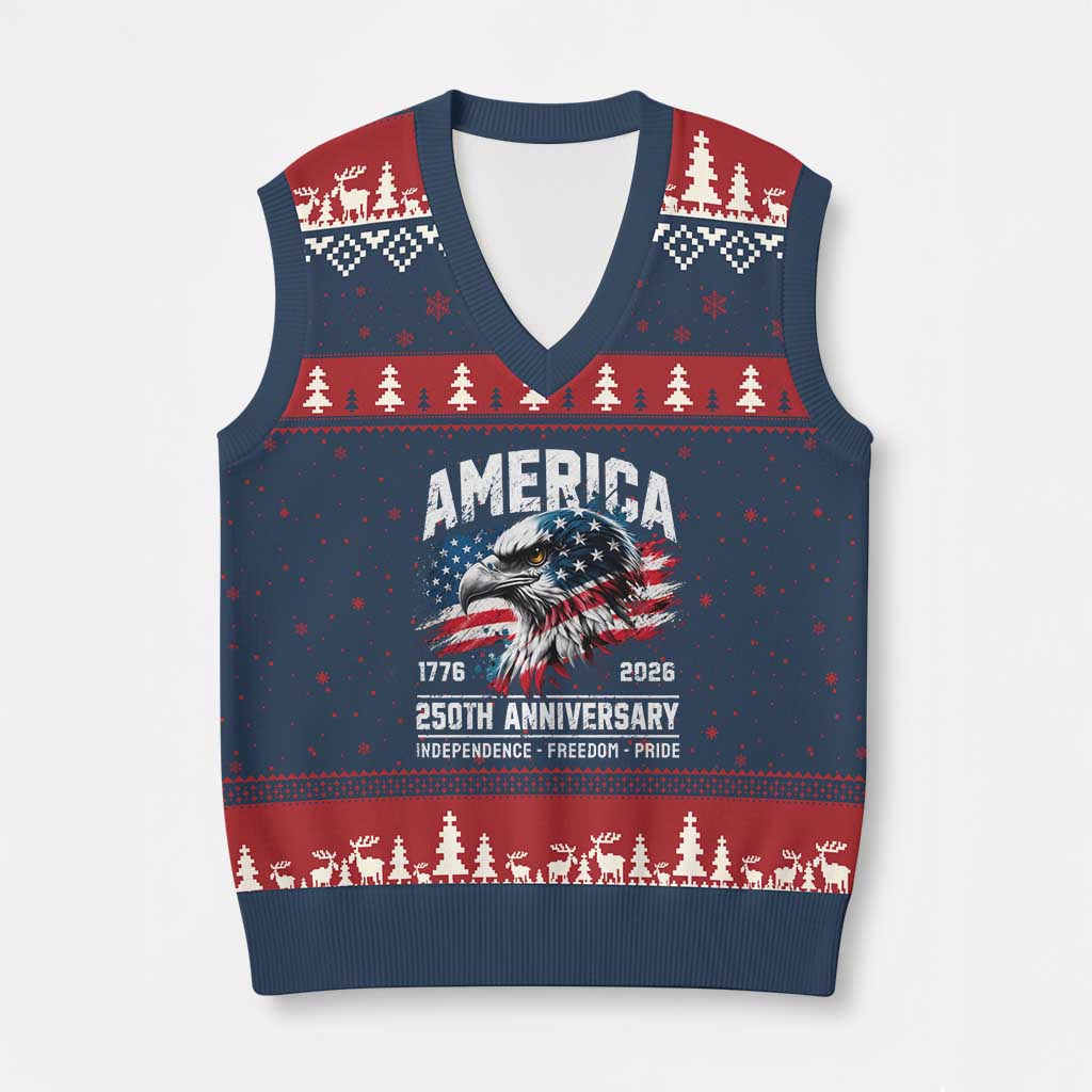 America 250th Anniversary V-Neck Knit Sweater Vest USA Patriotic Eagle 1776 2026 Independence Freedom Pride