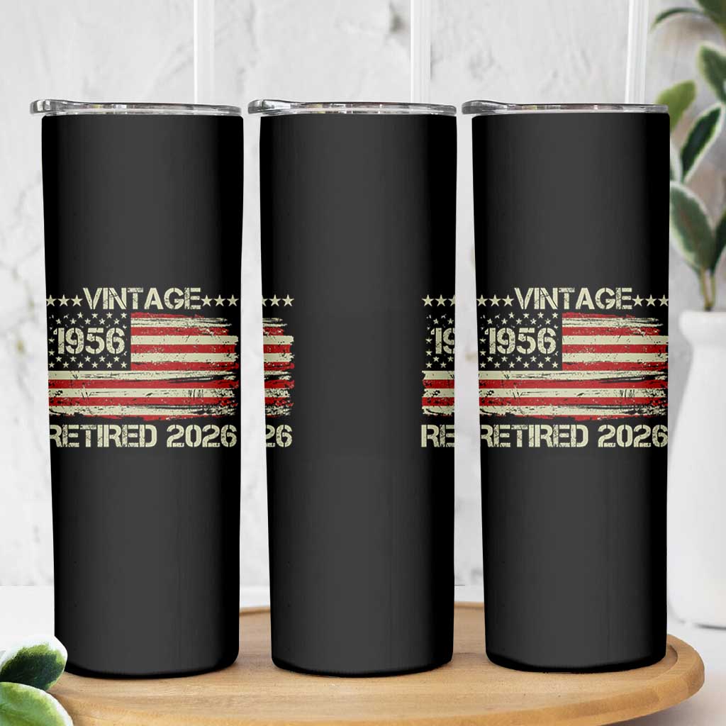 70th Birthday Retirement Skinny Tumbler Vintage 1956 Retired 2026 American Flag