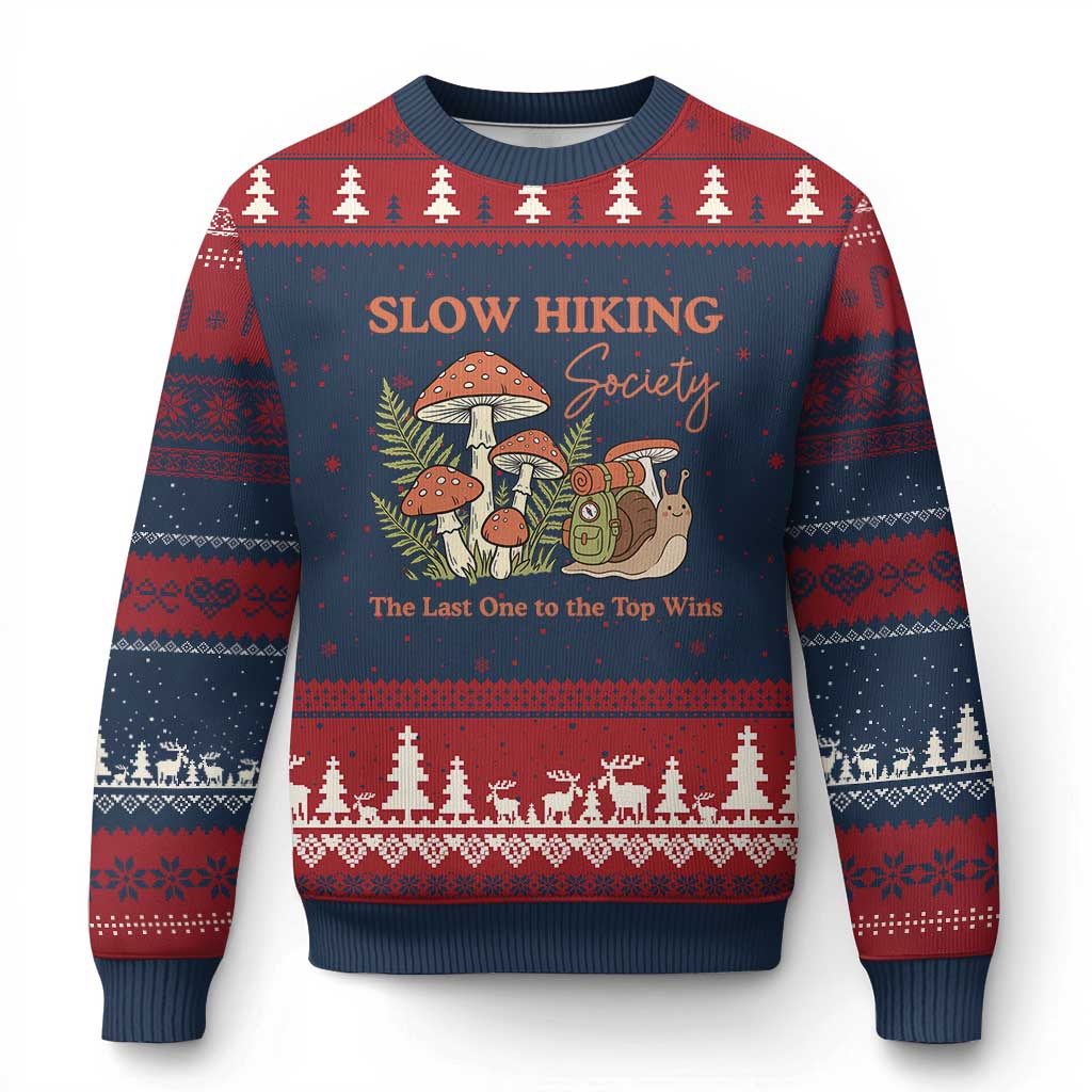 Slow Hiking Society The Last One to The Top Wins Ugly Christmas Sweater Funny Snail Mountaineering