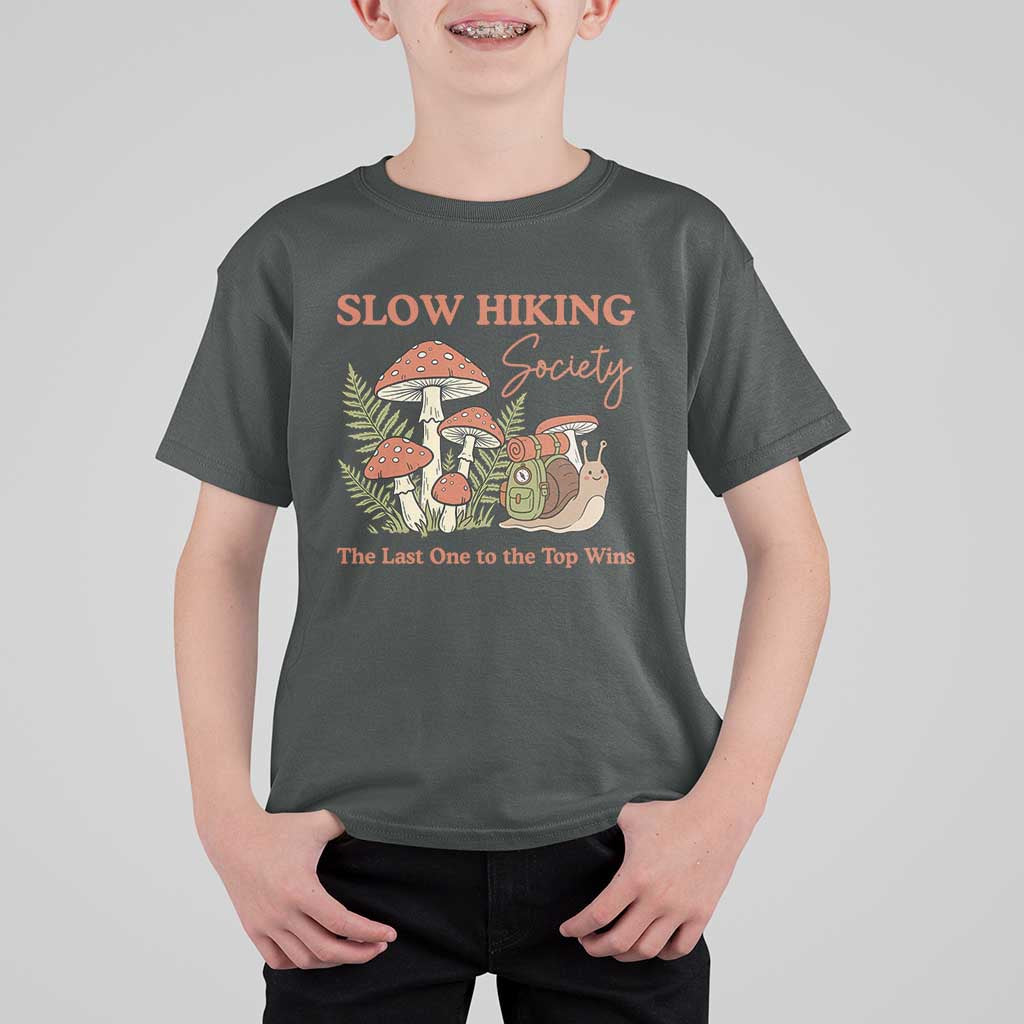 Slow Hiking Society The Last One to The Top Wins T Shirt For Kid Funny Snail Mountaineering