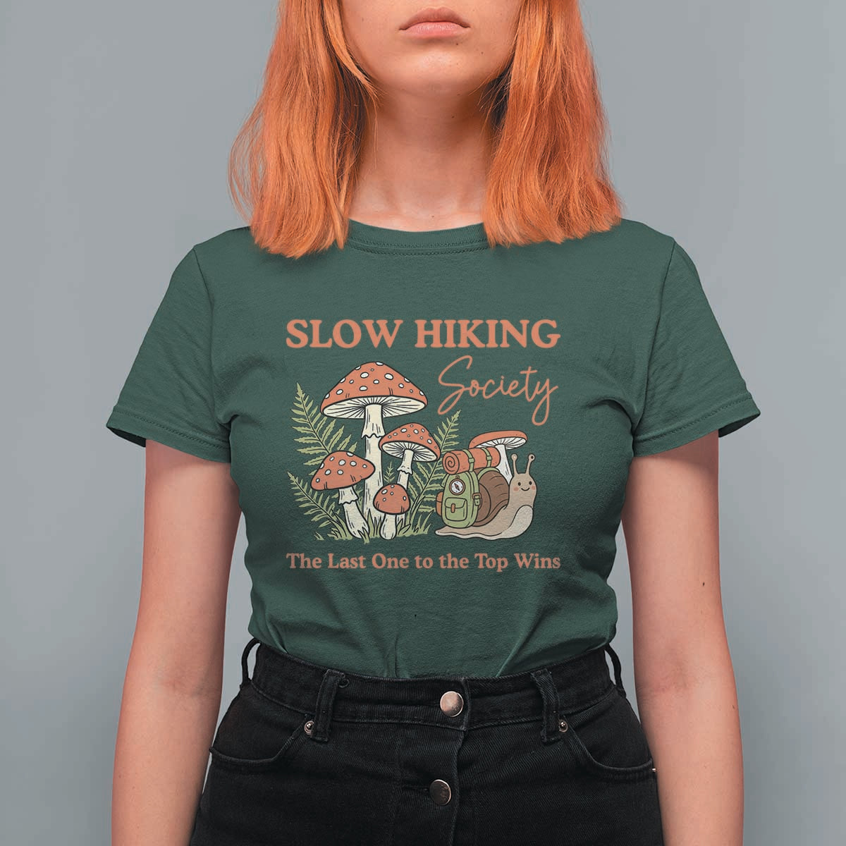 Slow Hiking Society The Last One to The Top Wins T Shirt For Women Funny Snail Mountaineering