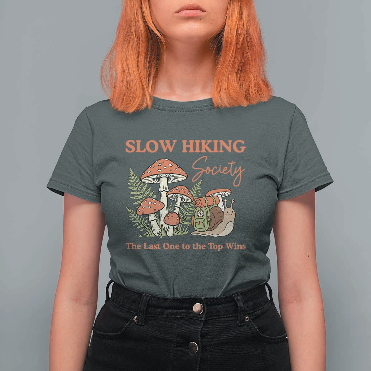 Slow Hiking Society The Last One to The Top Wins T Shirt For Women Funny Snail Mountaineering