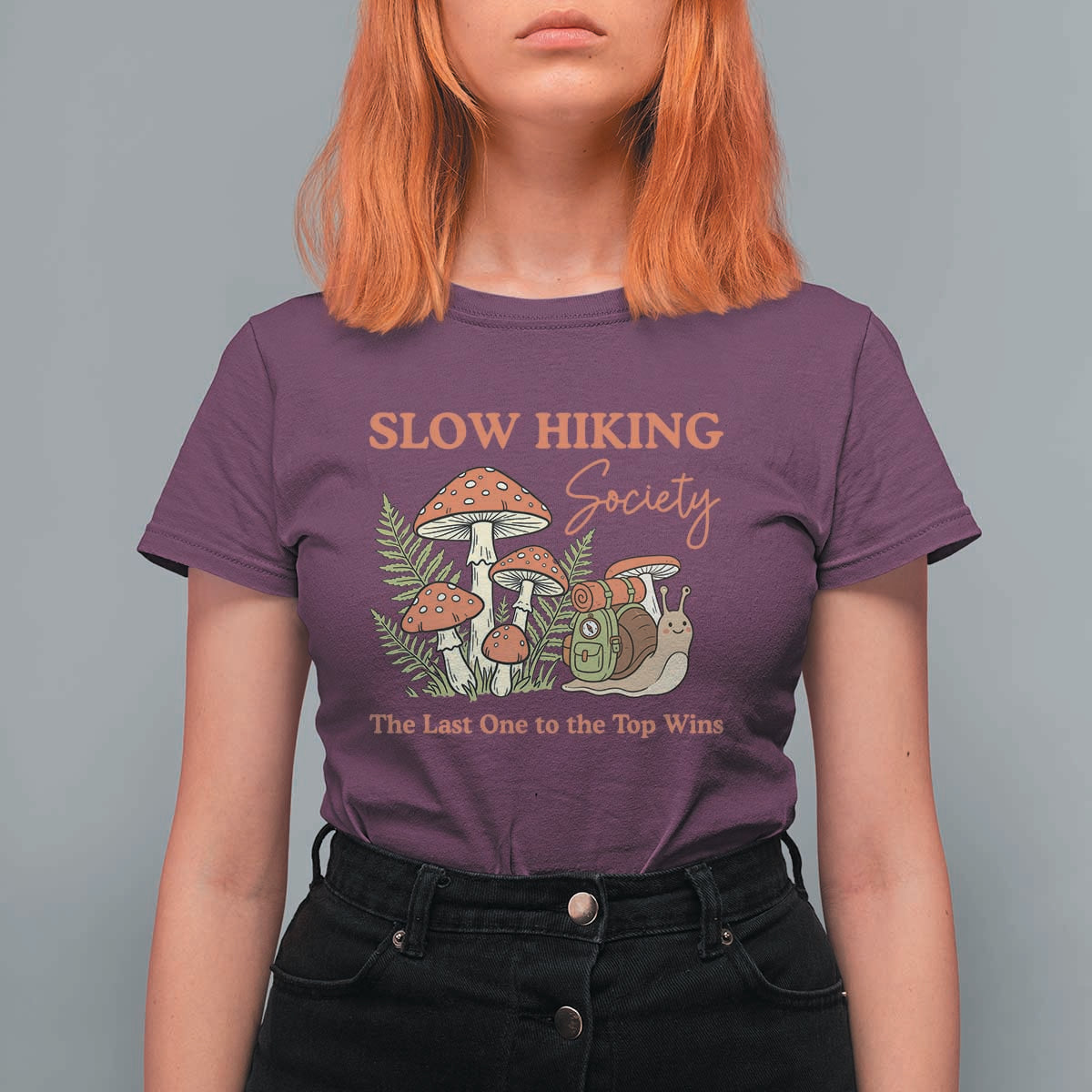 Slow Hiking Society The Last One to The Top Wins T Shirt For Women Funny Snail Mountaineering