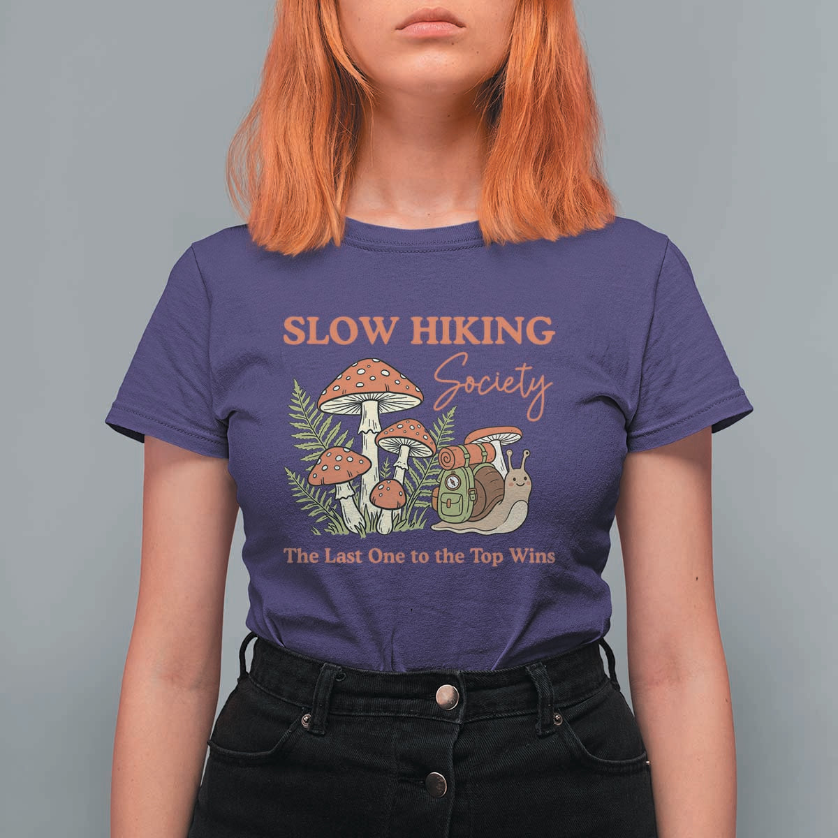 Slow Hiking Society The Last One to The Top Wins T Shirt For Women Funny Snail Mountaineering