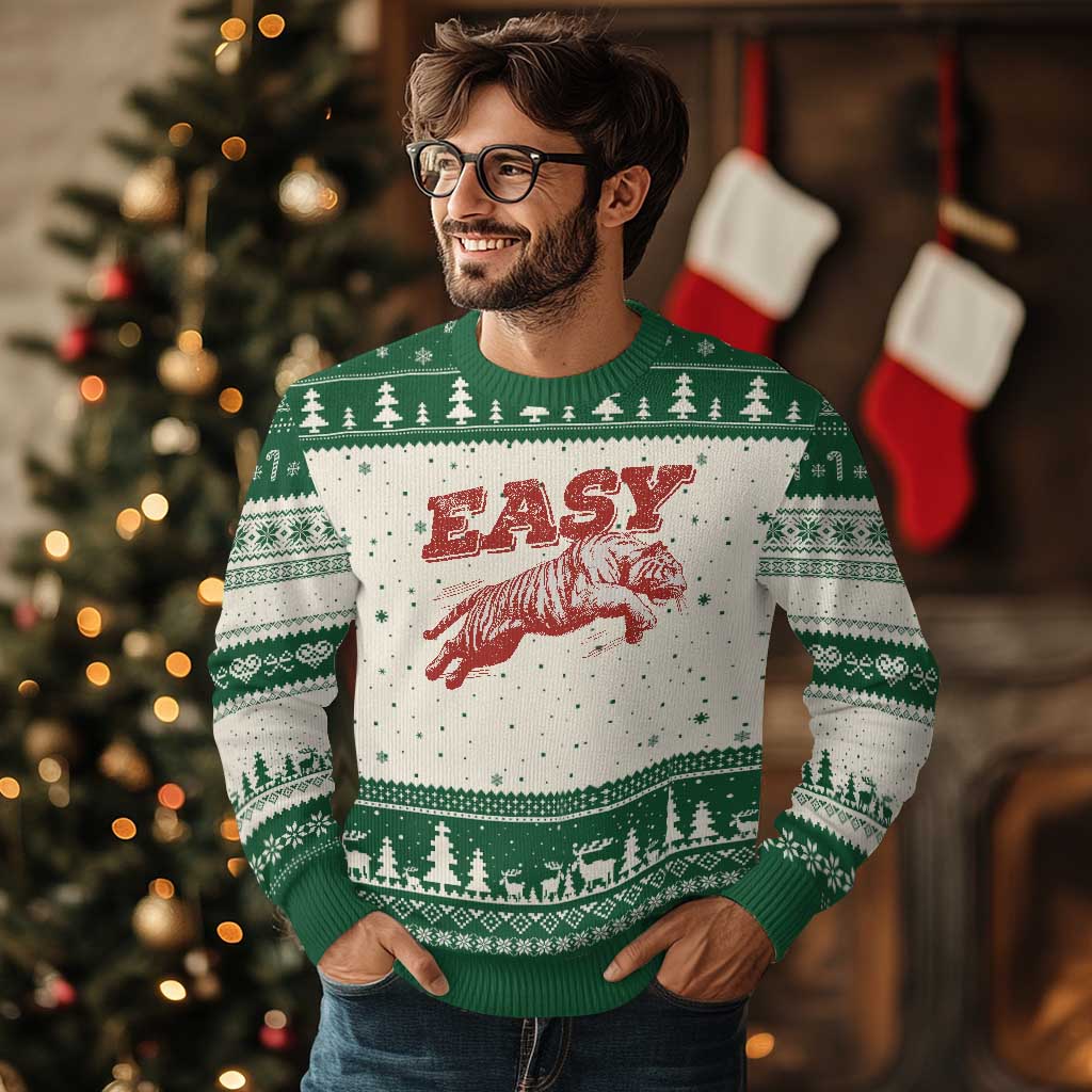 Easy Tiger Ugly Christmas Sweater Vintage Distressed Tiger Trendy Grunge Indie Boho