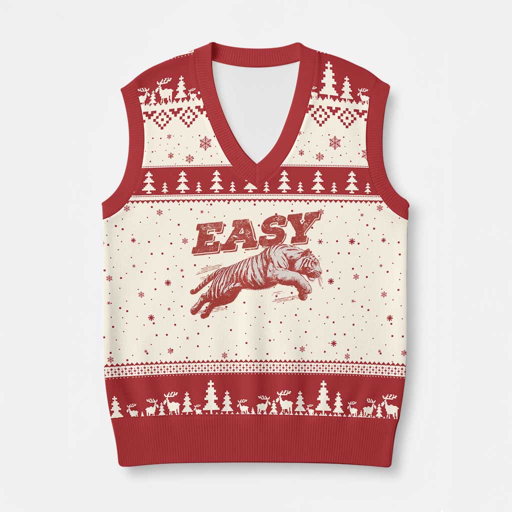 Easy Tiger V-Neck Knit Sweater Vest Vintage Distressed Tiger Trendy Grunge Indie Boho