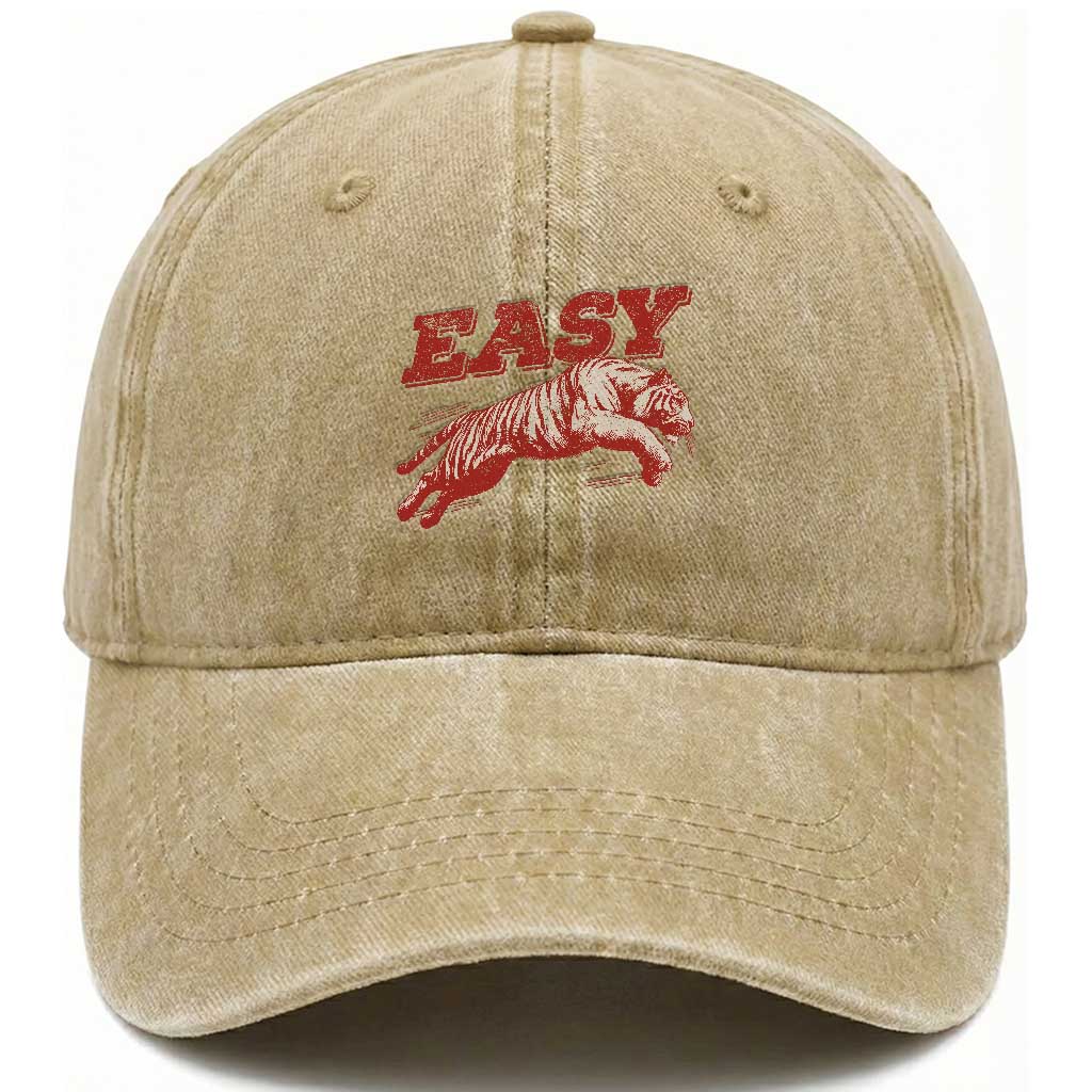 Easy Tiger Washed Cotton Baseball Cap Vintage Distressed Tiger Trendy Grunge Indie Boho