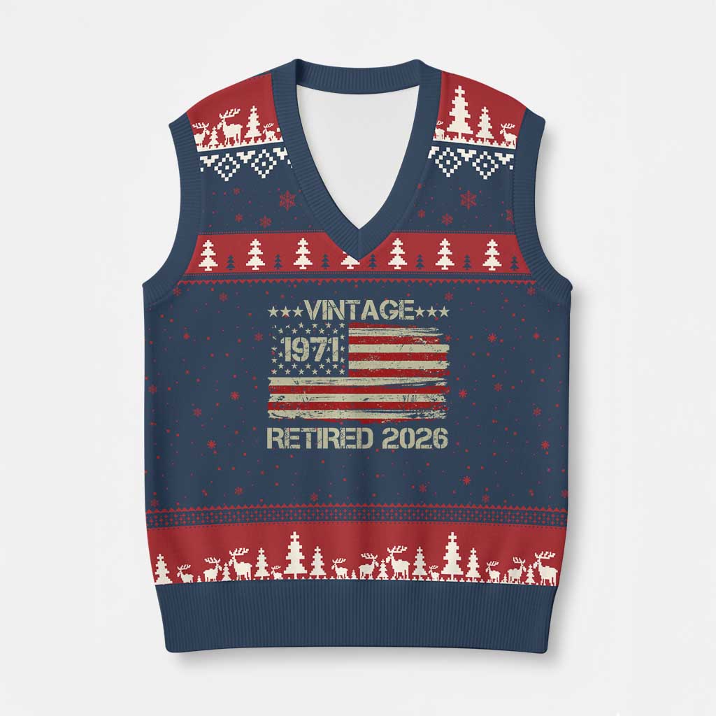 55th Birthday Retirement V-Neck Knit Sweater Vest Vintage 1971 Retired 2026 American Flag