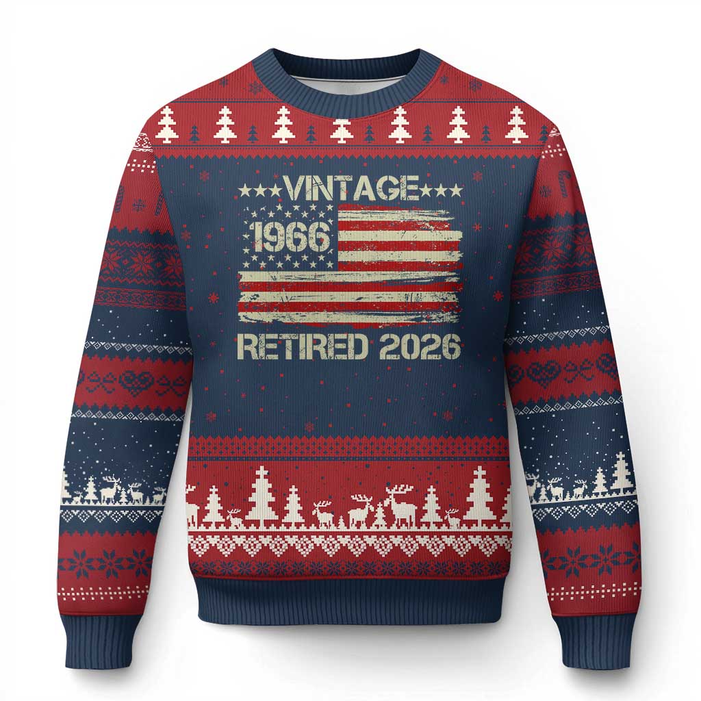 60th Birthday Retirement Ugly Christmas Sweater Vintage 1966 Retired 2026 American Flag
