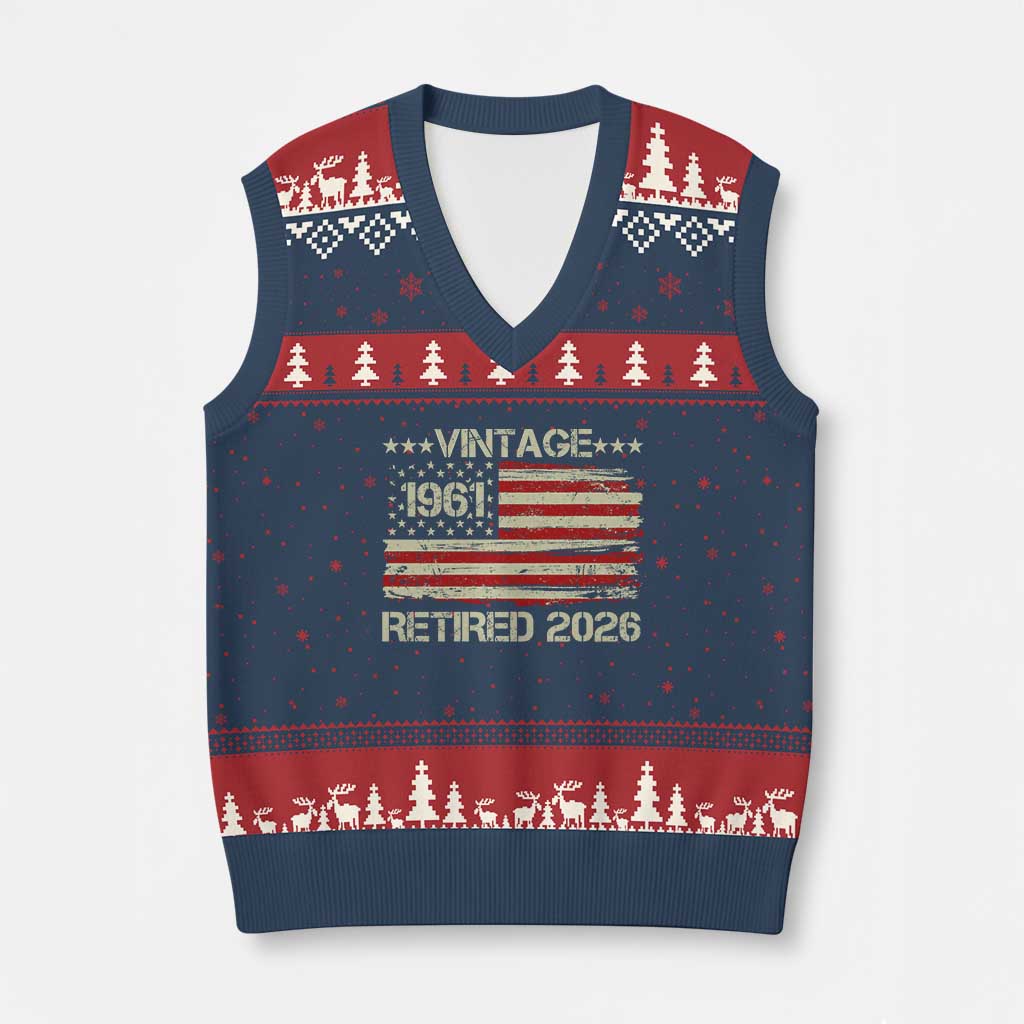 65th Birthday Retirement V-Neck Knit Sweater Vest Vintage 1961 Retired 2026 American Flag