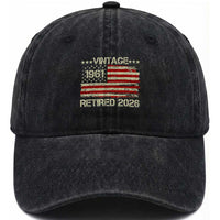 65th Birthday Retirement Washed Cotton Baseball Cap Vintage 1961 Retired 2026 American Flag