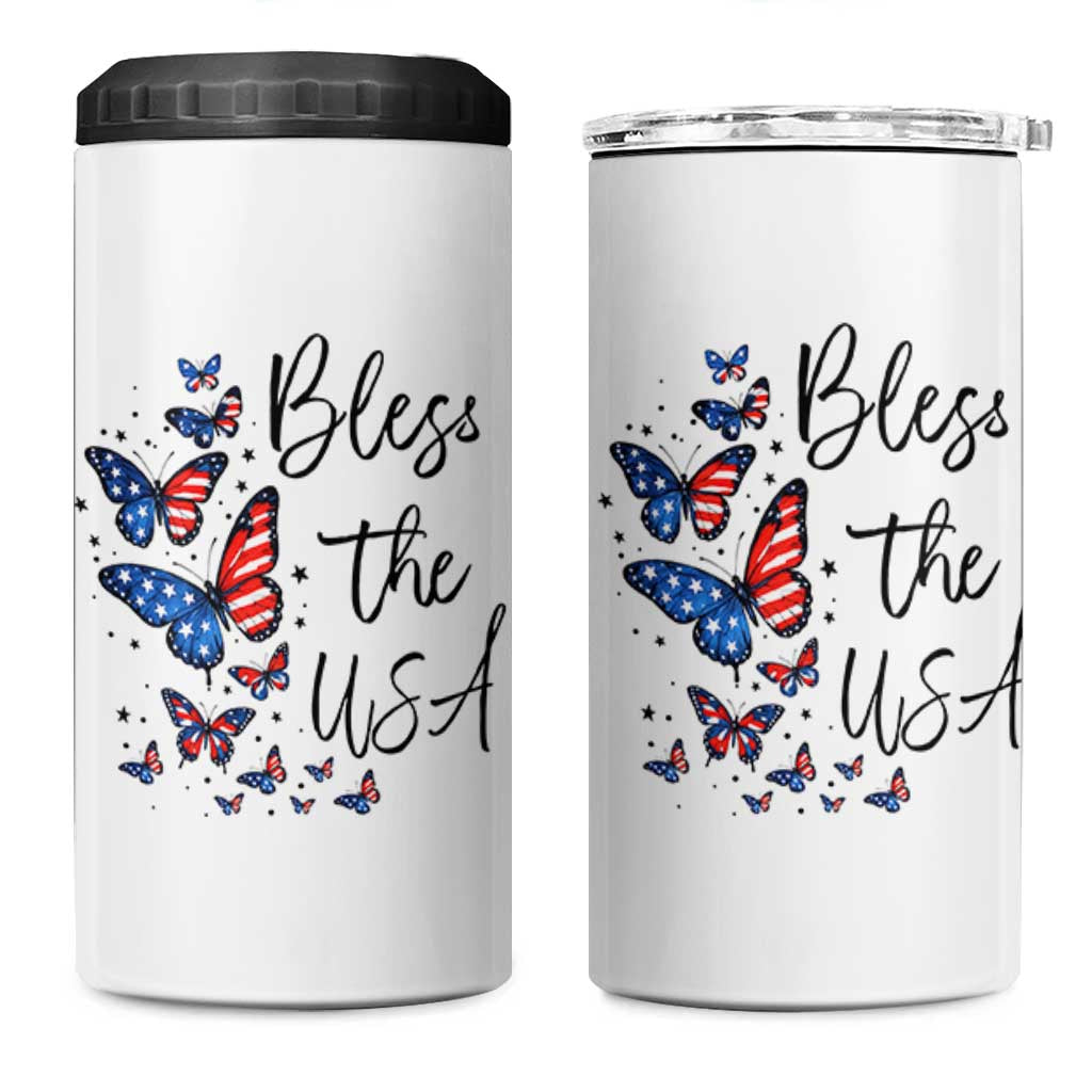 Bless The USA 4th of July 4 in 1 Can Cooler Tumbler Patriotic American Flag Butterfly Independence Day