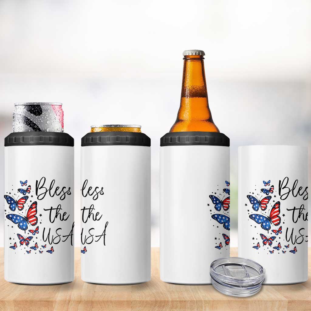 Bless The USA 4th of July 4 in 1 Can Cooler Tumbler Patriotic American Flag Butterfly Independence Day