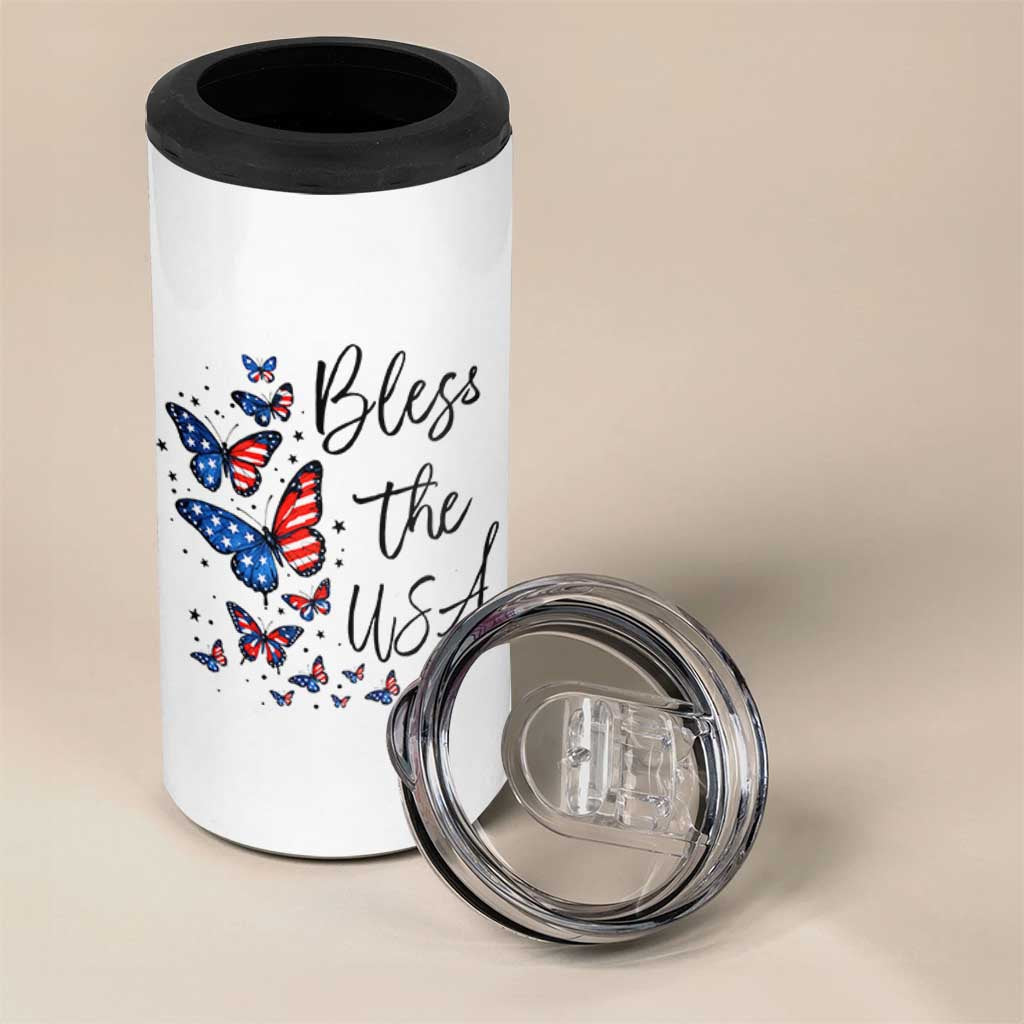 Bless The USA 4th of July 4 in 1 Can Cooler Tumbler Patriotic American Flag Butterfly Independence Day