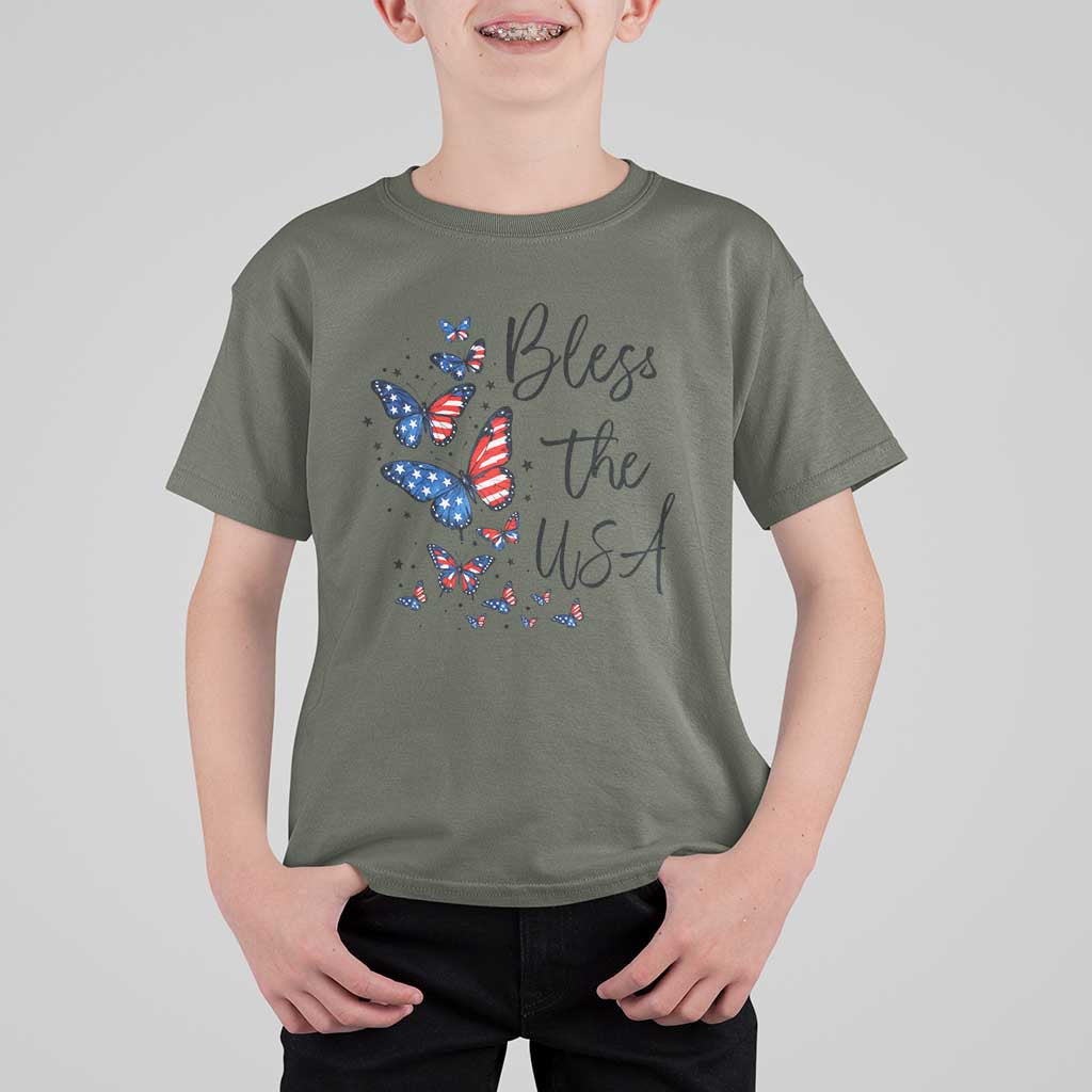 Bless The USA 4th of July T Shirt For Kid Patriotic American Flag Butterfly Independence Day