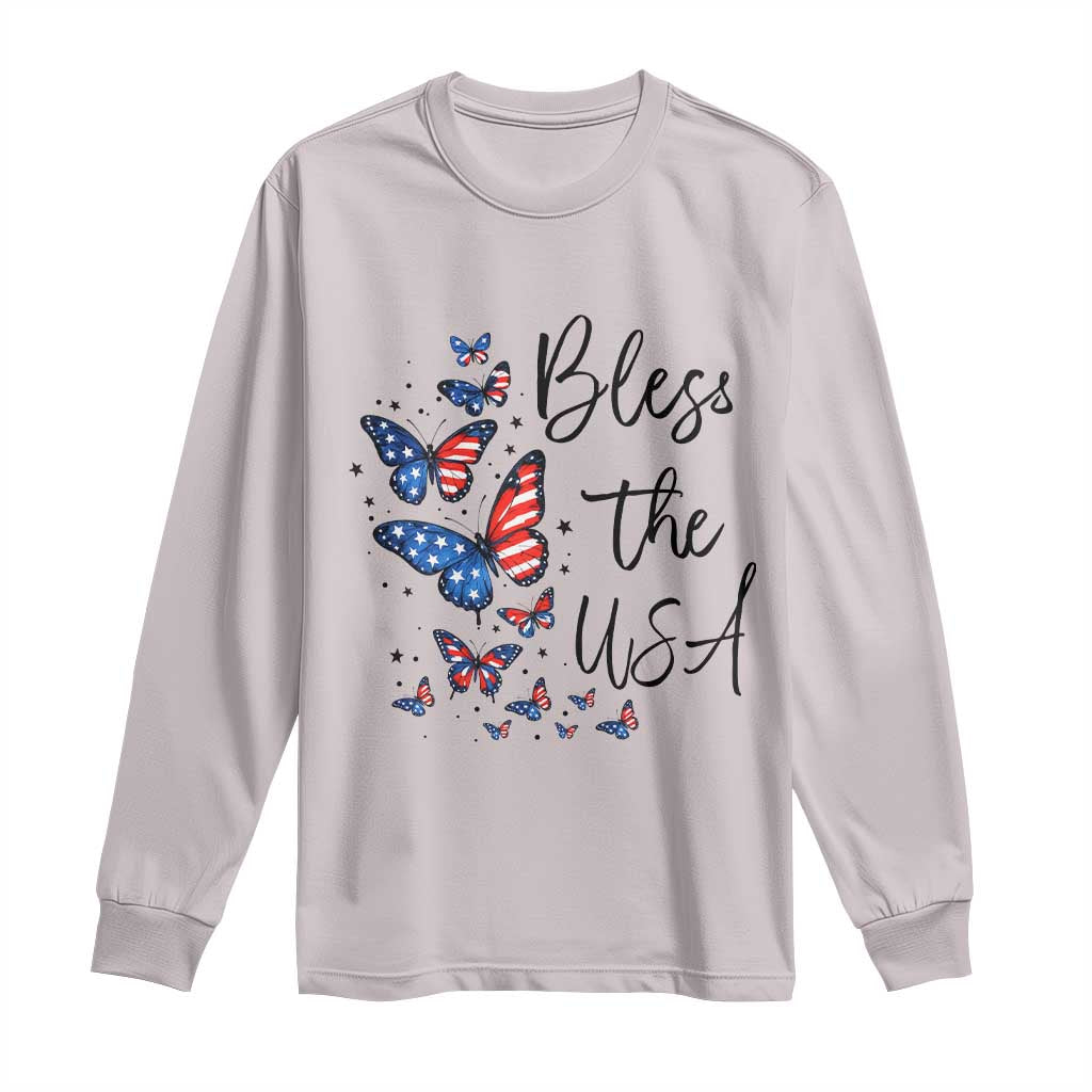 Bless The USA 4th of July Long Sleeve Shirt Patriotic American Flag Butterfly Independence Day