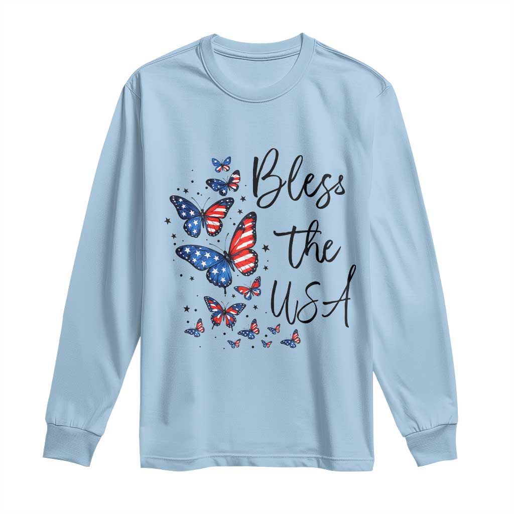 Bless The USA 4th of July Long Sleeve Shirt Patriotic American Flag Butterfly Independence Day