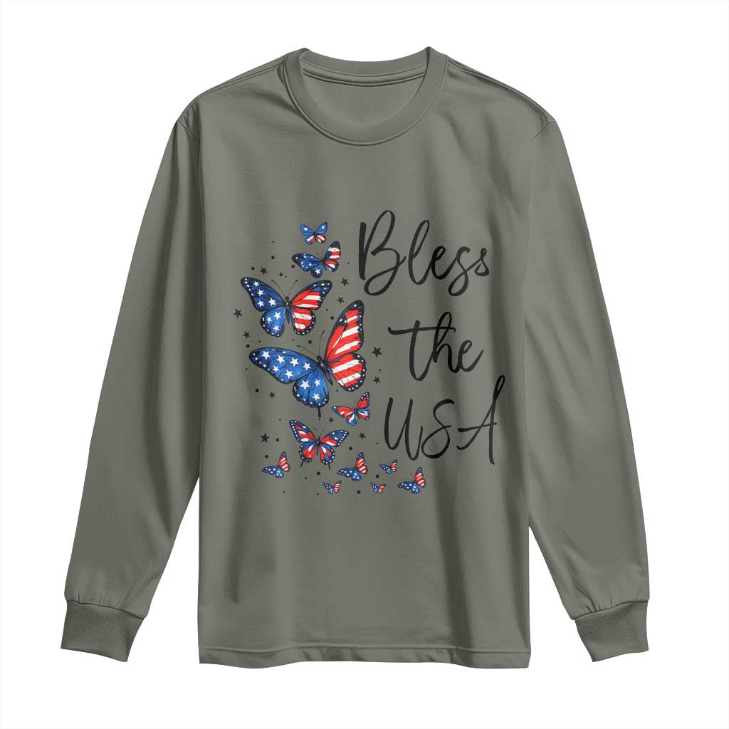 Bless The USA 4th of July Long Sleeve Shirt Patriotic American Flag Butterfly Independence Day