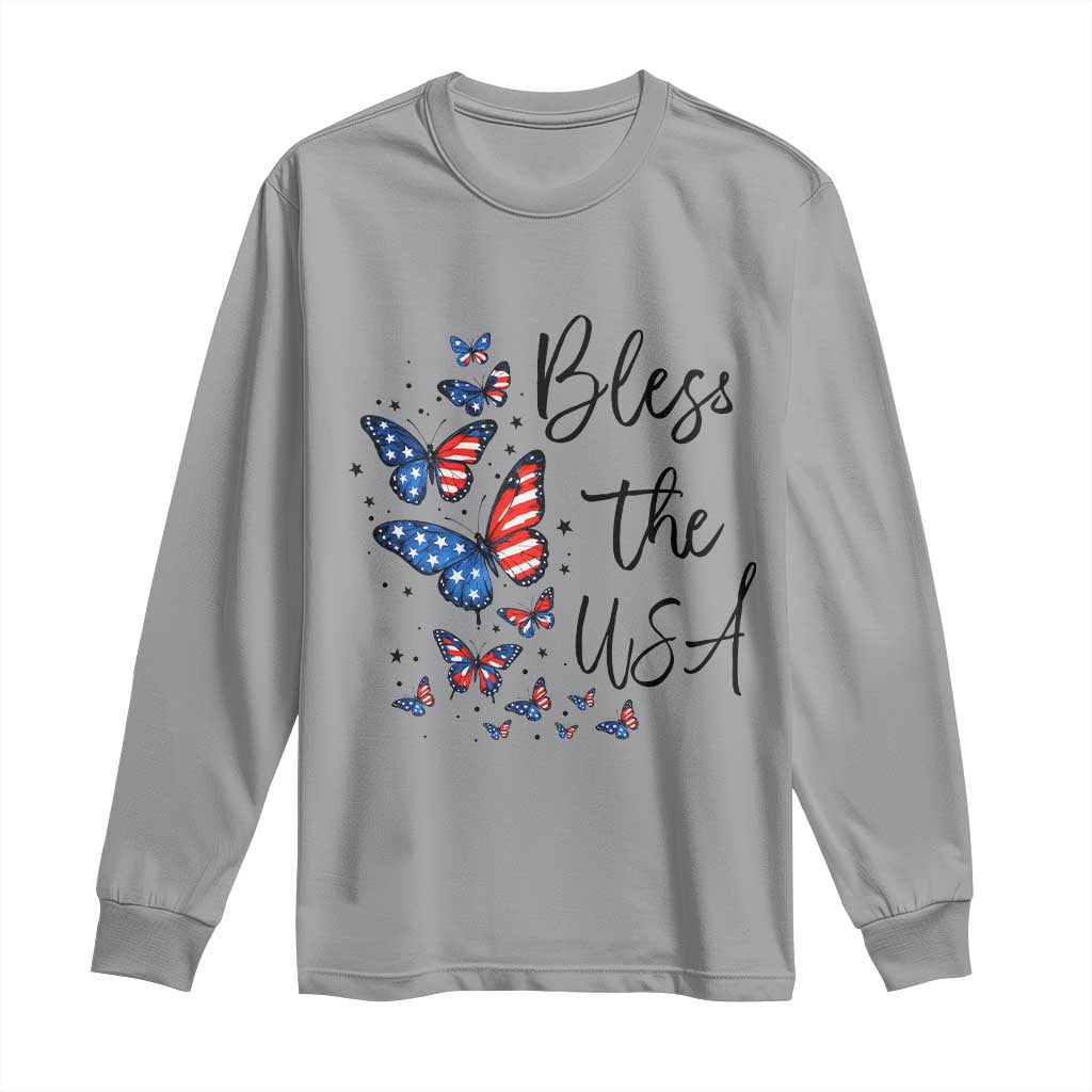 Bless The USA 4th of July Long Sleeve Shirt Patriotic American Flag Butterfly Independence Day