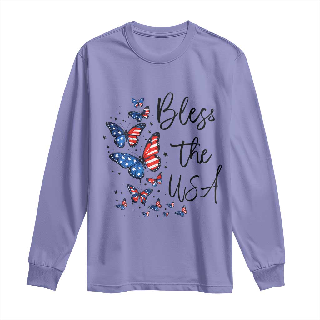 Bless The USA 4th of July Long Sleeve Shirt Patriotic American Flag Butterfly Independence Day
