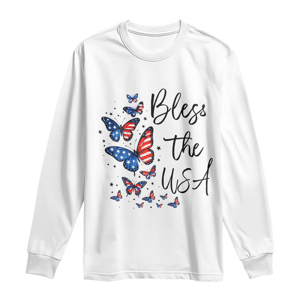 Bless The USA 4th of July Long Sleeve Shirt Patriotic American Flag Butterfly Independence Day