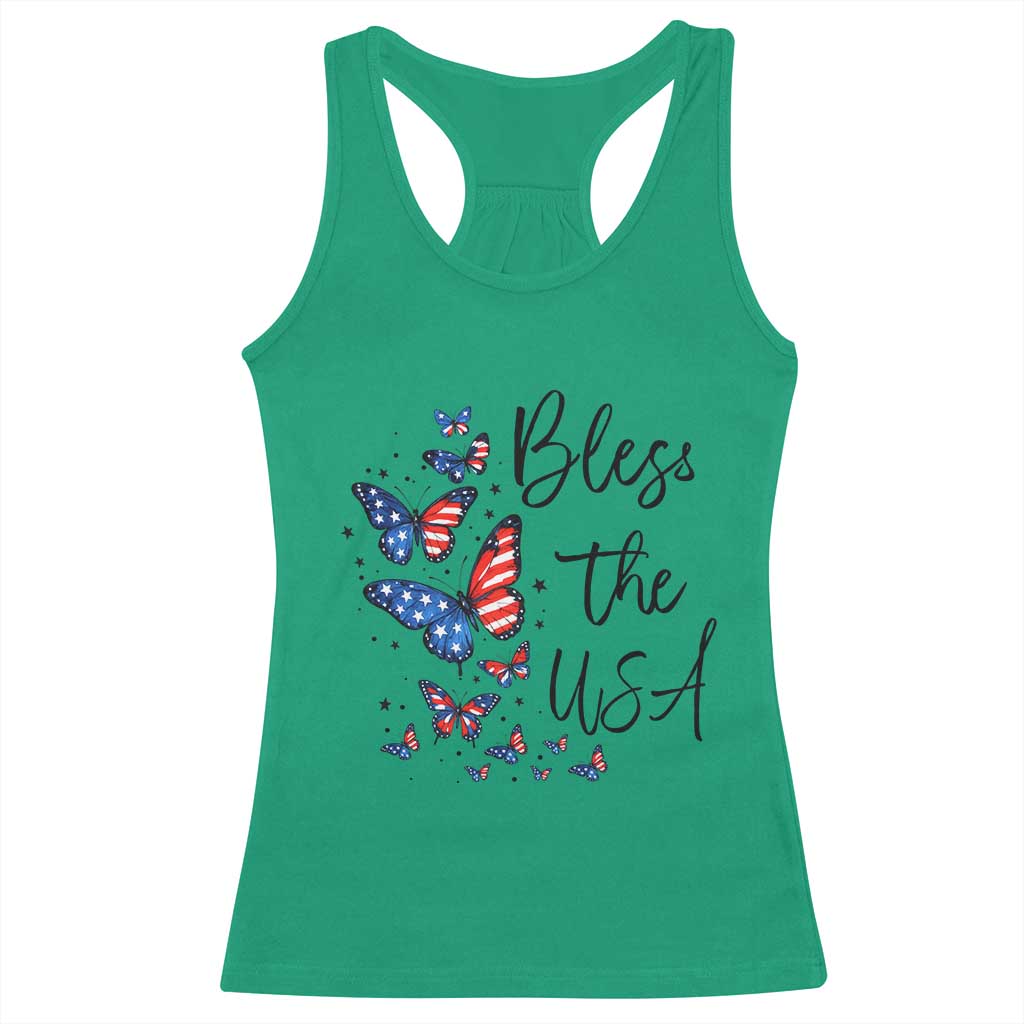 Bless The USA 4th of July Racerback Tank Top Patriotic American Flag Butterfly Independence Day