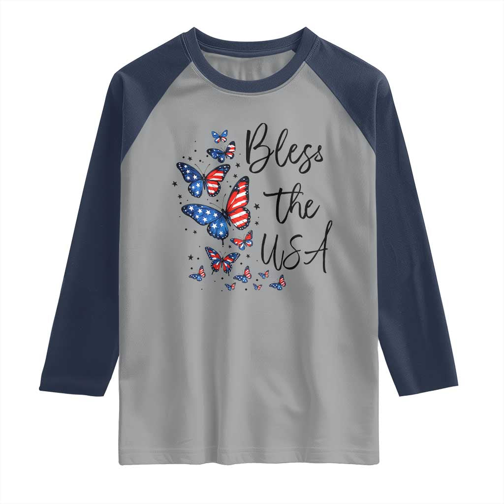 Bless The USA 4th of July Raglan Shirt Patriotic American Flag Butterfly Independence Day