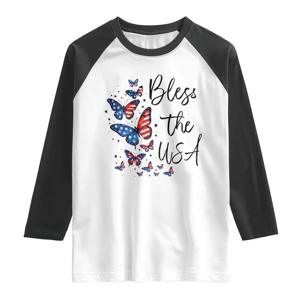 Bless The USA 4th of July Raglan Shirt Patriotic American Flag Butterfly Independence Day