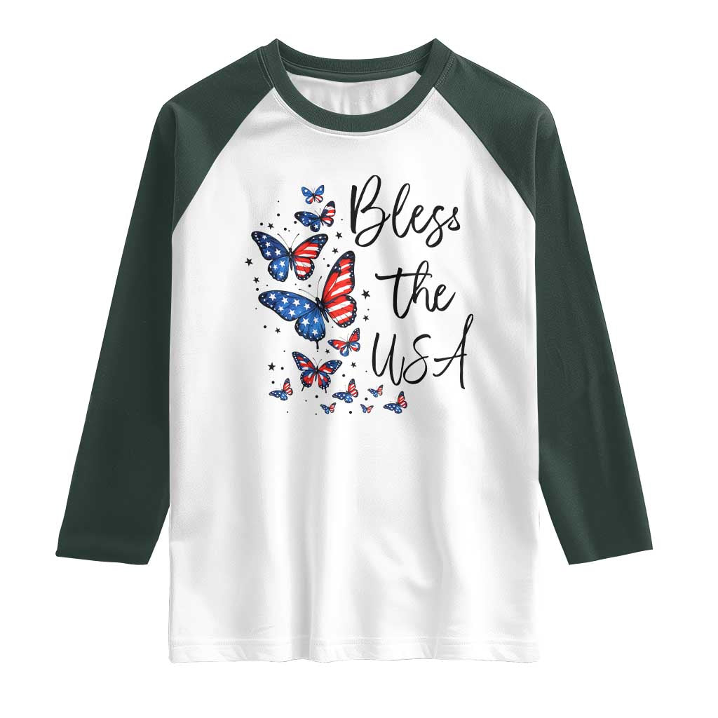 Bless The USA 4th of July Raglan Shirt Patriotic American Flag Butterfly Independence Day