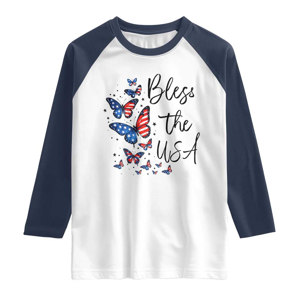 Bless The USA 4th of July Raglan Shirt Patriotic American Flag Butterfly Independence Day