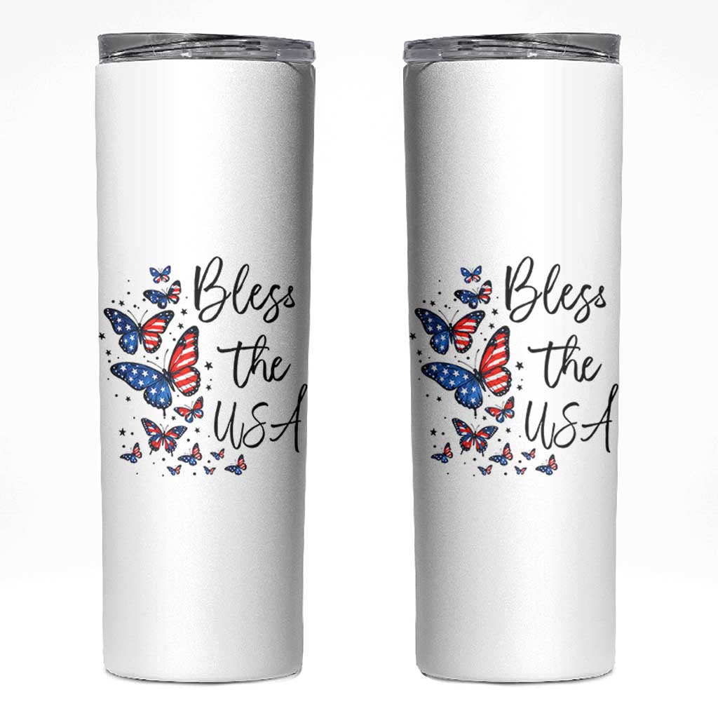 Bless The USA 4th of July Skinny Tumbler Patriotic American Flag Butterfly Independence Day