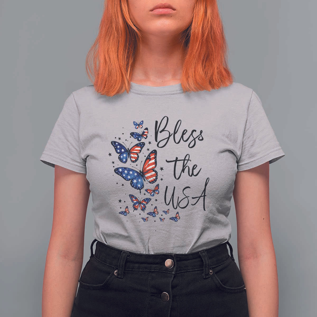 Bless The USA 4th of July T Shirt For Women Patriotic American Flag Butterfly Independence Day