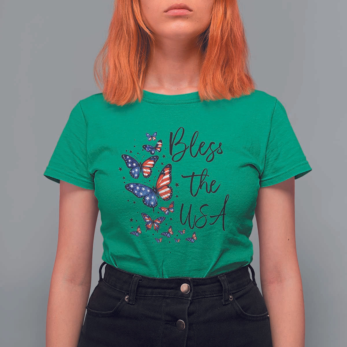 Bless The USA 4th of July T Shirt For Women Patriotic American Flag Butterfly Independence Day